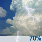 Rain showers likely before 11am, then showers and thunderstorms likely between 11am and 2pm, then a chance of showers and thunderstorms. Partly sunny, with a high near 76. Southwest wind 5 to 10 mph. Chance of precipitation is 70%.